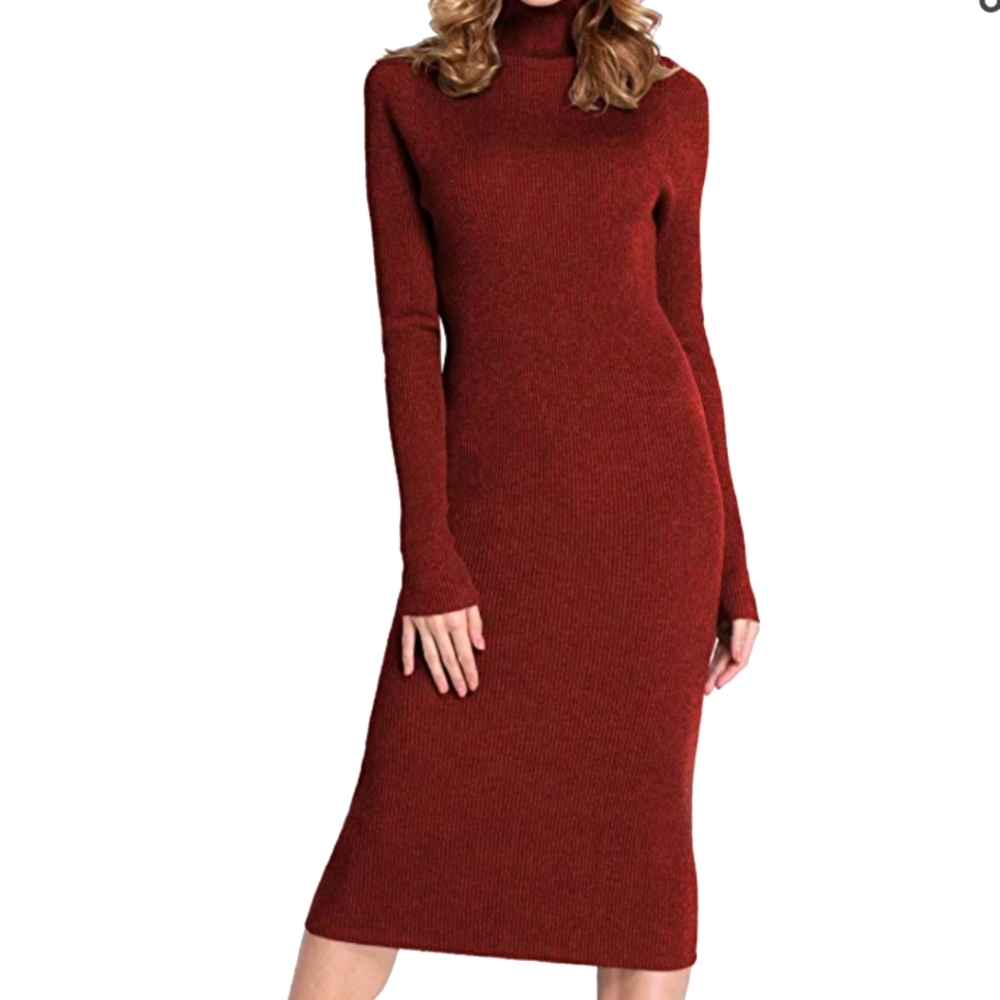 Red turtleneck knit bodycon sweater dress